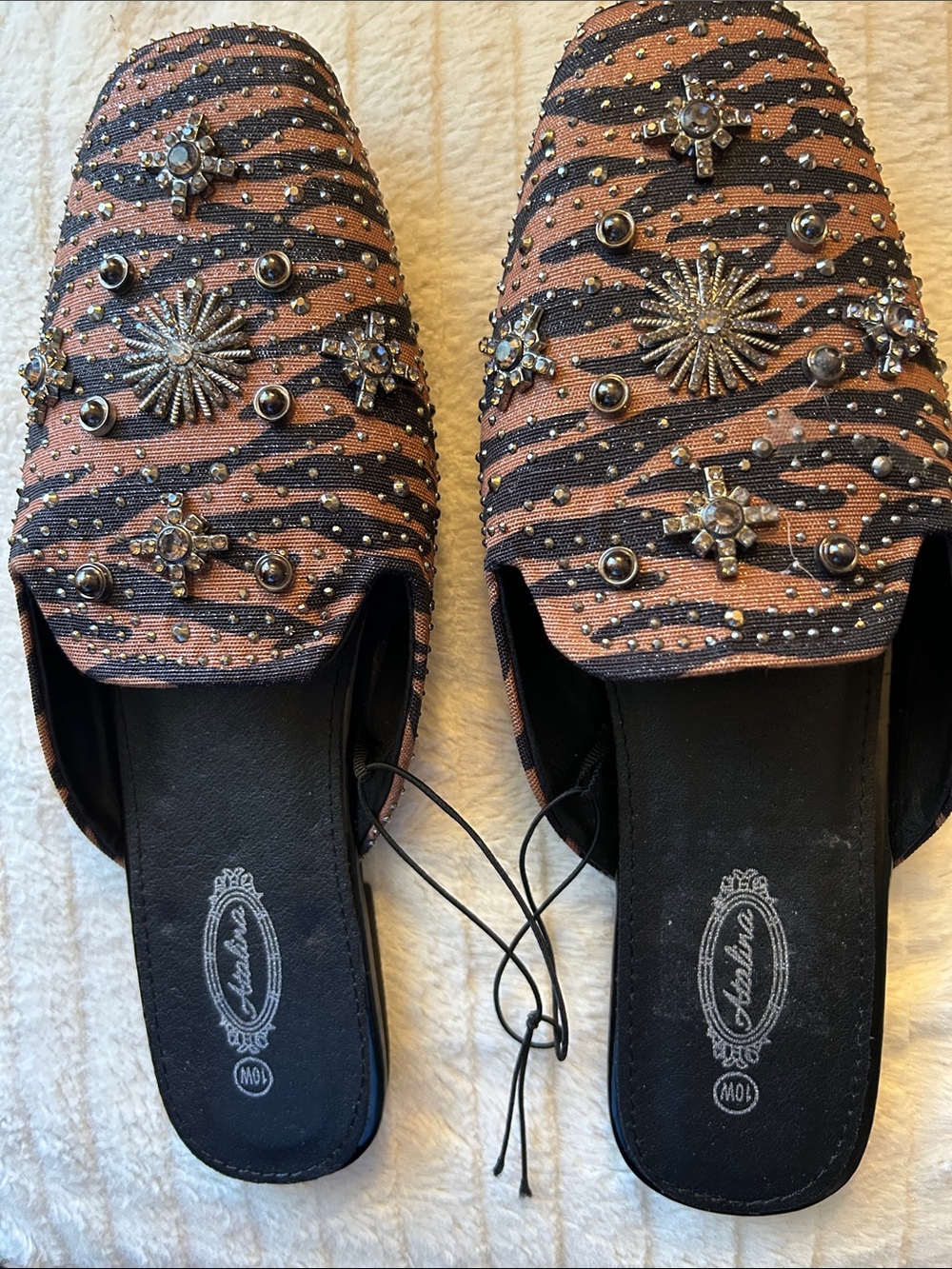 Atalina Embellished Goldtone & Black Zebra Slip-On Embellished Mules 10W NWOT.